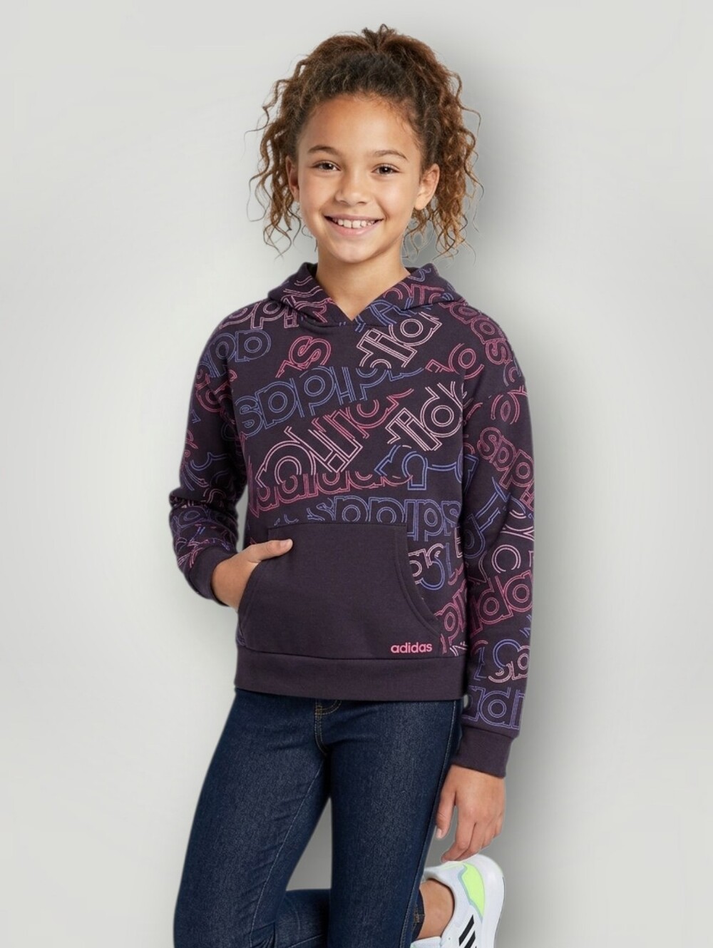 Adidas Girls Youth Medium (10/12) Cropped Hoodie All-Over Graphic Print Black